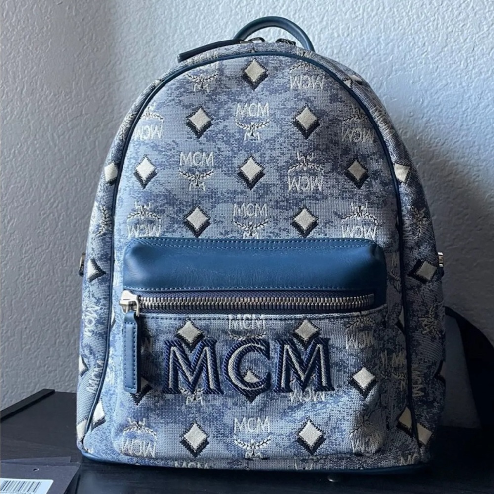 AUTHENTIC MCM STARK VINTAGE MONOGRAM BACKPACK IN DENIM BLUE